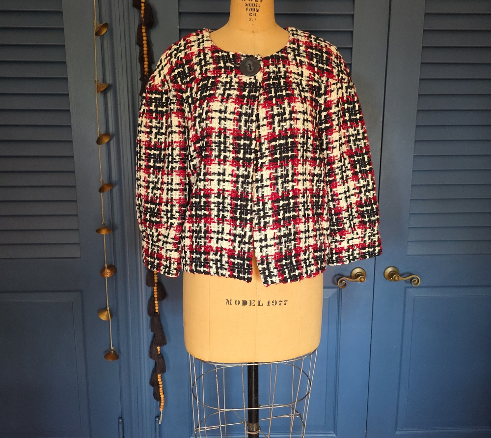 WD.NY Cropped Tweed Blazer in Black, White & Red
